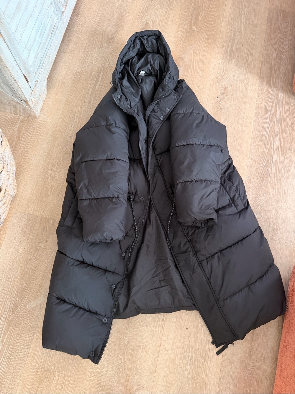 Fabletics Black Hooded Long Puffer Jacket